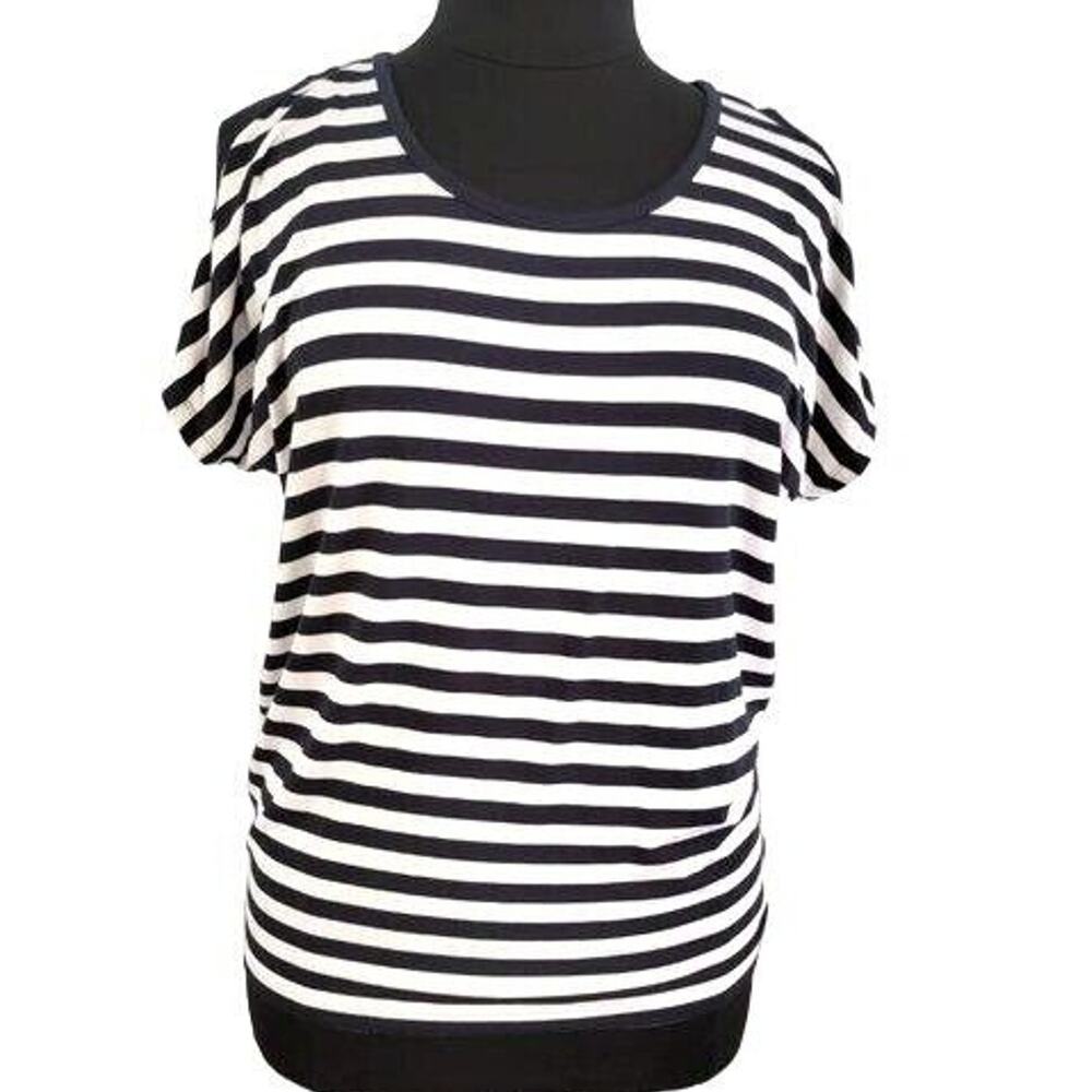 Michael Kors Top Stripes Women's Sz Large Stretch Cold-Shoulders‎ Blue White